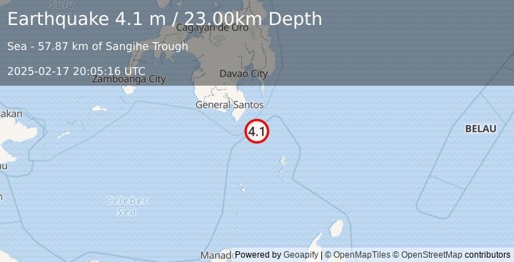 Earthquake MINDANAO, PHILIPPINES (4.1 m) (2025-02-17 20:05:16 UTC)