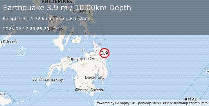 Earthquake MINDANAO, PHILIPPINES (3.9 m) (2025-02-17 20:26:20 UTC)