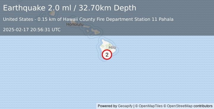 Earthquake ISLAND OF HAWAII, HAWAII (2.0 ml) (2025-02-17 20:56:31 UTC)