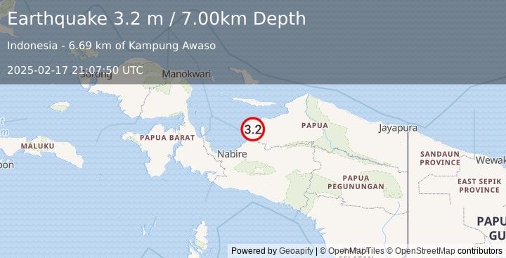 Earthquake NEAR N COAST OF PAPUA, INDONESIA (3.2 m) (2025-02-17 21:07:50 UTC)