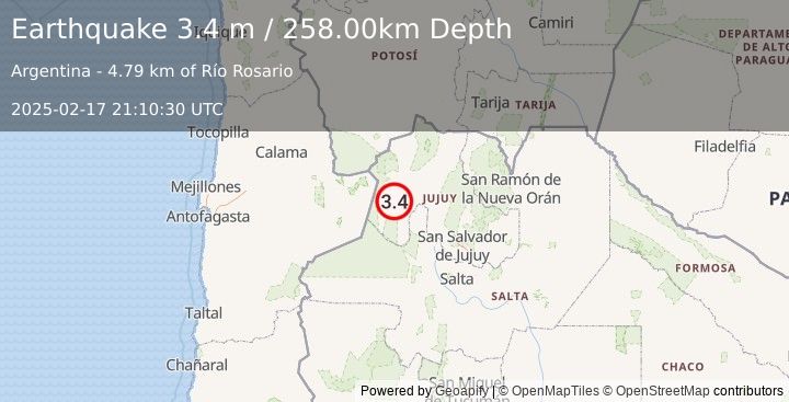 Earthquake JUJUY, ARGENTINA (3.4 m) (2025-02-17 21:10:30 UTC)