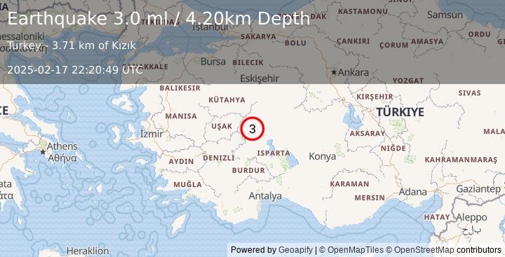 Earthquake WESTERN TURKEY (3.0 ml) (2025-02-17 22:20:49 UTC)