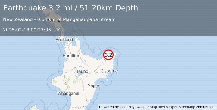 Earthquake OFF E. COAST OF N. ISLAND, N.Z. (3.2 ml) (2025-02-18 00:27:06 UTC)