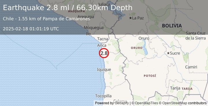 Earthquake TARAPACA, CHILE (2.8 ml) (2025-02-18 01:01:19 UTC)