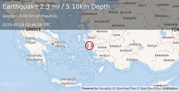 Earthquake DODECANESE ISLANDS, GREECE (2.3 ml) (2025-02-18 02:46:29 UTC)