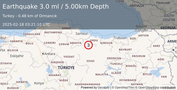 Earthquake CENTRAL TURKEY (2.9 ml) (2025-02-18 03:21:12 UTC)