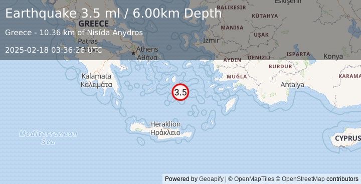 Earthquake DODECANESE ISLANDS, GREECE (3.5 ml) (2025-02-18 03:36:26 UTC)