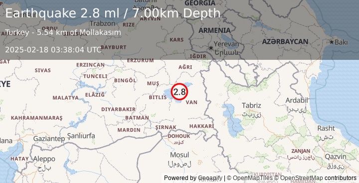 Earthquake EASTERN TURKEY (2.8 ml) (2025-02-18 03:38:04 UTC)