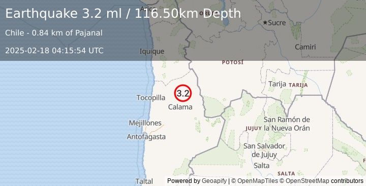 Earthquake ANTOFAGASTA, CHILE (3.2 ml) (2025-02-18 04:15:54 UTC)