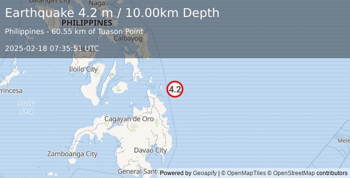 Earthquake MINDANAO, PHILIPPINES (4.2 m) (2025-02-18 07:35:51 UTC)