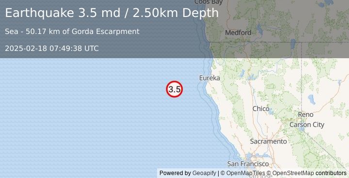 Earthquake OFF COAST OF NORTHERN CALIFORNIA (3.5 md) (2025-02-18 07:49:38 UTC)