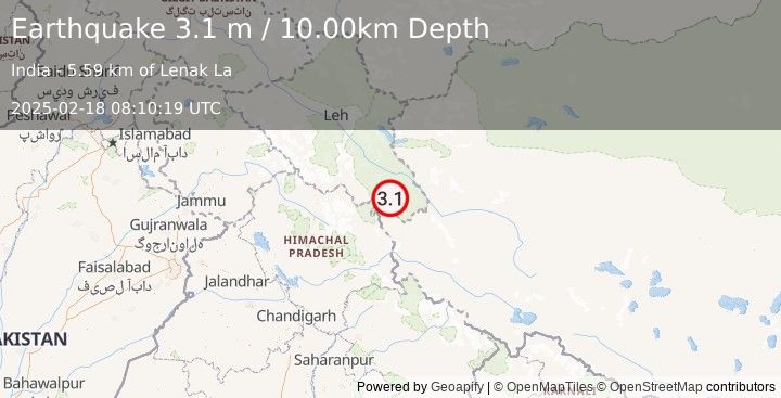 Earthquake KASHMIR-XIZANG BORDER REGION (3.1 m) (2025-02-18 08:10:19 UTC)