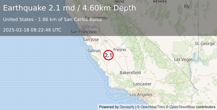 Earthquake CENTRAL CALIFORNIA (2.1 md) (2025-02-18 08:22:46 UTC)