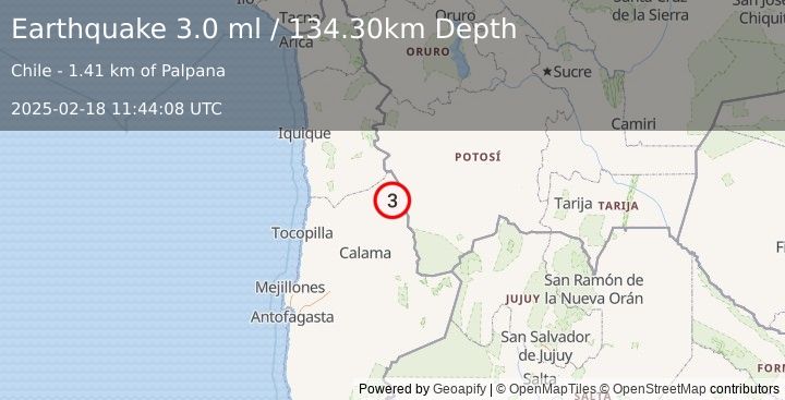 Earthquake ANTOFAGASTA, CHILE (3.0 ml) (2025-02-18 11:44:08 UTC)