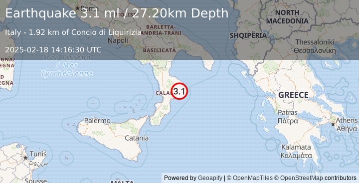 Earthquake SOUTHERN ITALY (3.1 ml) (2025-02-18 14:16:30 UTC)