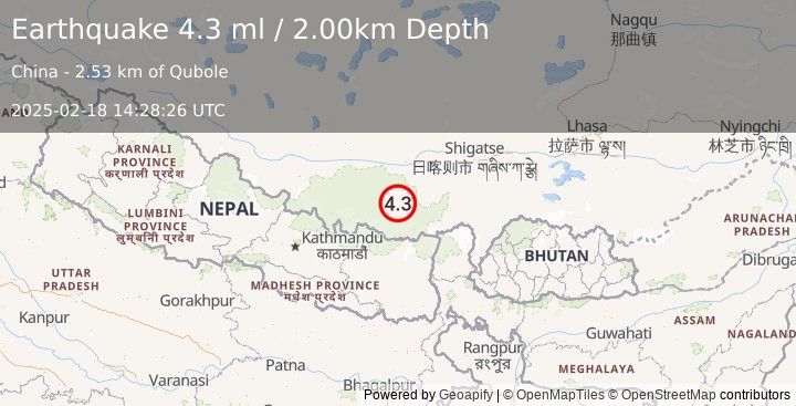 Earthquake WESTERN XIZANG (4.0 ml) (2025-02-18 14:28:35 UTC)