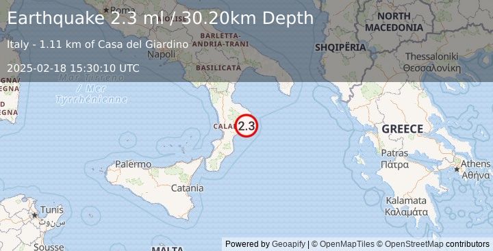 Earthquake SOUTHERN ITALY (2.3 ml) (2025-02-18 15:30:10 UTC)