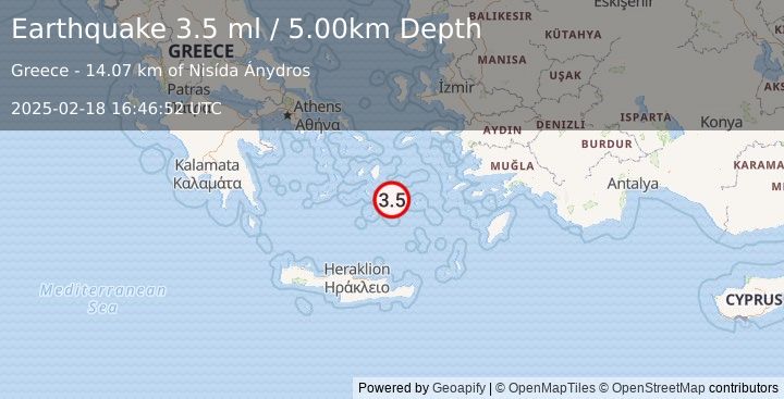 Earthquake DODECANESE ISLANDS, GREECE (3.5 ml) (2025-02-18 16:46:53 UTC)