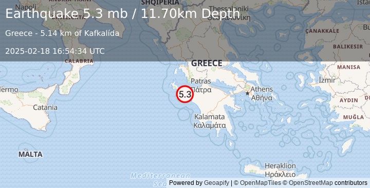 Earthquake SOUTHERN GREECE (5.3 mb) (2025-02-18 16:54:34 UTC)