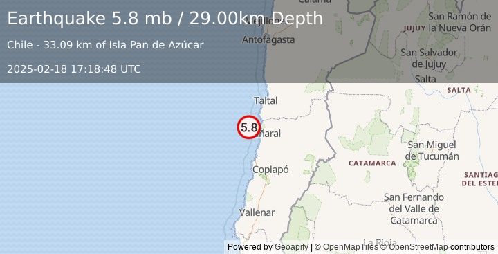 Earthquake OFFSHORE ATACAMA, CHILE (5.7 m) (2025-02-18 17:18:49 UTC)