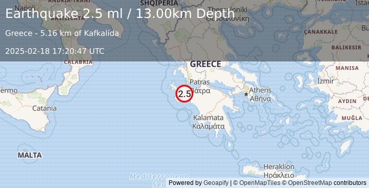 Earthquake SOUTHERN GREECE (2.5 ml) (2025-02-18 17:20:47 UTC)