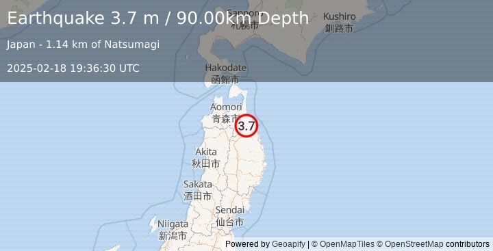 Earthquake NEAR EAST COAST OF HONSHU, JAPAN (3.7 m) (2025-02-18 19:36:30 UTC)