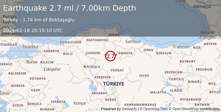 Earthquake CENTRAL TURKEY (2.7 ml) (2025-02-18 20:19:10 UTC)