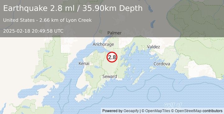 Earthquake KENAI PENINSULA, ALASKA (2.8 ml) (2025-02-18 20:49:58 UTC)