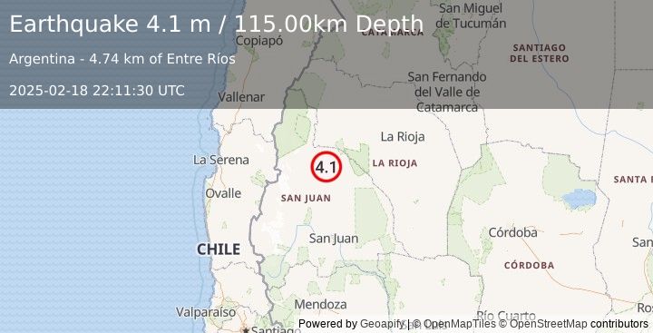 Earthquake SAN JUAN, ARGENTINA (4.1 m) (2025-02-18 22:11:30 UTC)