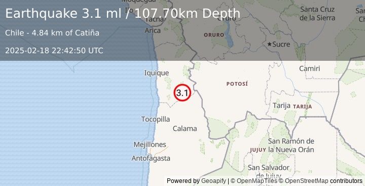 Earthquake TARAPACA, CHILE (3.1 ml) (2025-02-18 22:42:50 UTC)