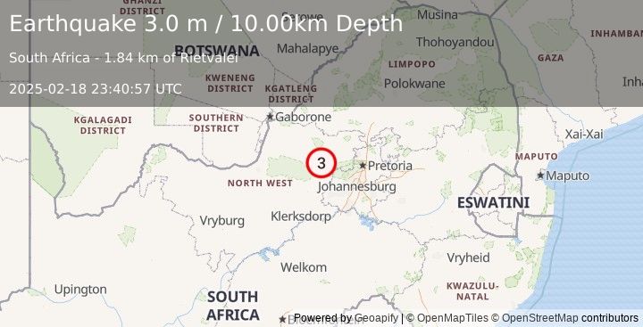 Earthquake SOUTH AFRICA (3.0 m) (2025-02-18 23:40:57 UTC)