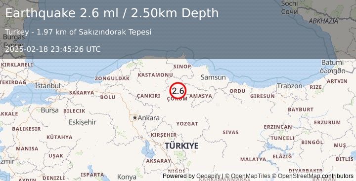 Earthquake CENTRAL TURKEY (2.6 ml) (2025-02-18 23:45:26 UTC)