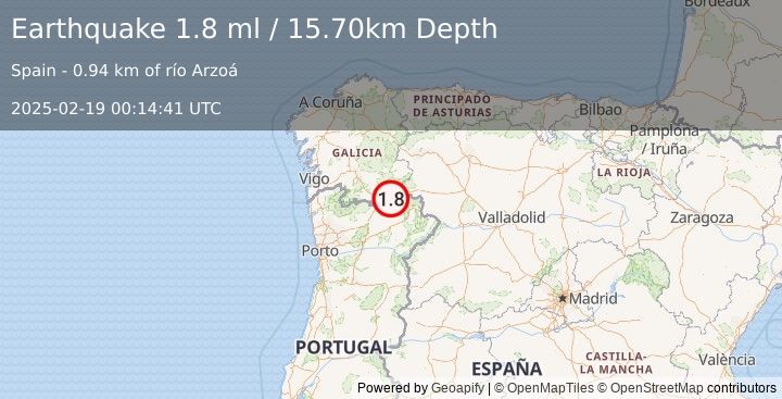 Earthquake PORTUGAL (1.8 ml) (2025-02-19 00:14:41 UTC)