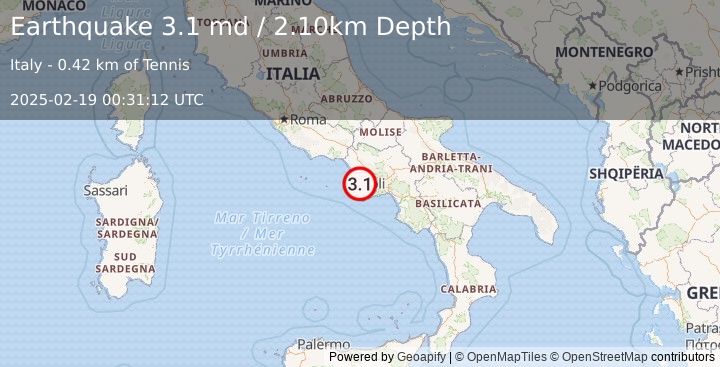 Earthquake SOUTHERN ITALY (3.1 md) (2025-02-19 00:31:12 UTC)