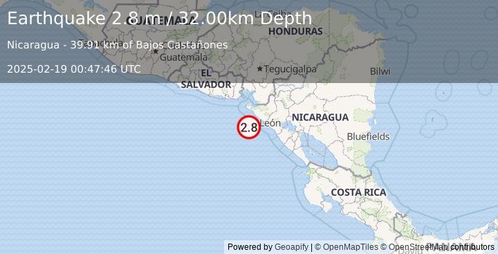 Earthquake NEAR COAST OF NICARAGUA (2.8 m) (2025-02-19 00:47:46 UTC)