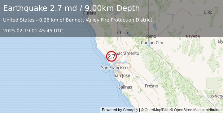 Earthquake NORTHERN CALIFORNIA (2.7 md) (2025-02-19 01:45:45 UTC)