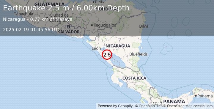 Earthquake NEAR COAST OF NICARAGUA (2.5 m) (2025-02-19 01:45:55 UTC)