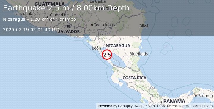 Earthquake NEAR COAST OF NICARAGUA (2.5 m) (2025-02-19 02:01:40 UTC)