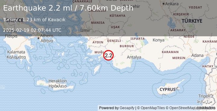 Earthquake DODECANESE IS.-TURKEY BORDER REG (2.2 ml) (2025-02-19 02:07:44 UTC)