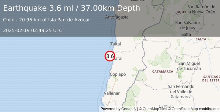 Earthquake OFFSHORE ATACAMA, CHILE (3.6 ml) (2025-02-19 02:49:25 UTC)