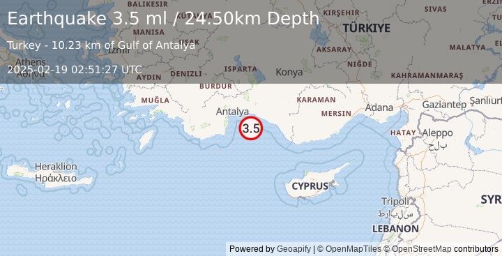 Earthquake WESTERN TURKEY (3.5 ml) (2025-02-19 02:51:27 UTC)