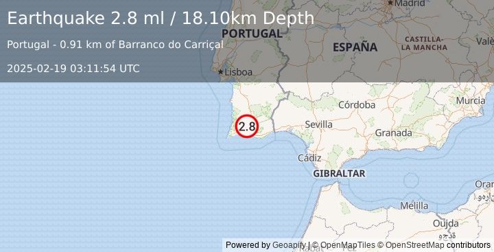 Earthquake PORTUGAL (2.9 ml) (2025-02-19 03:12:12 UTC)