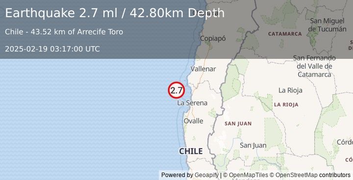 Earthquake OFFSHORE COQUIMBO, CHILE (2.7 ml) (2025-02-19 03:17:00 UTC)