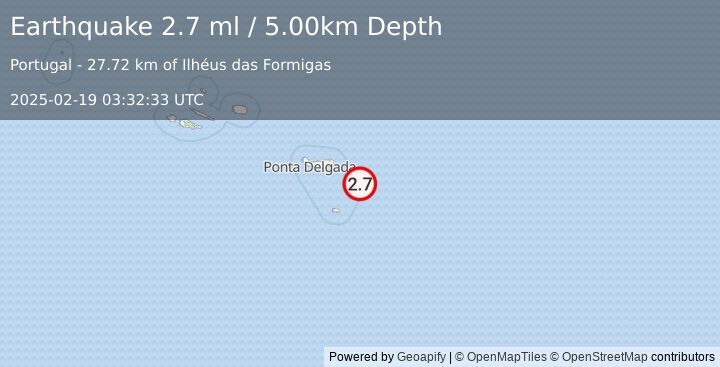 Earthquake AZORES ISLANDS REGION (2.7 ml) (2025-02-19 03:32:33 UTC)