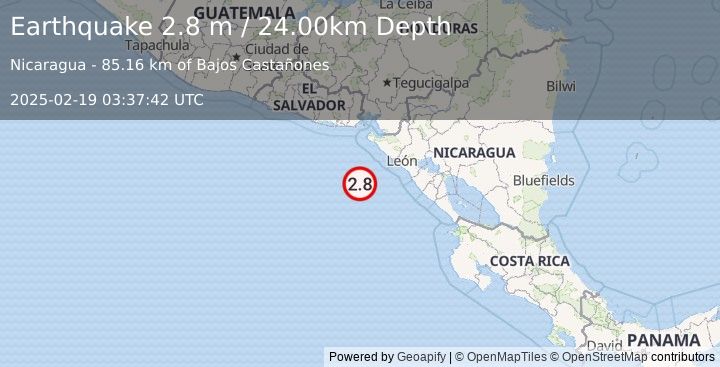 Earthquake NEAR COAST OF NICARAGUA (2.8 m) (2025-02-19 03:37:42 UTC)