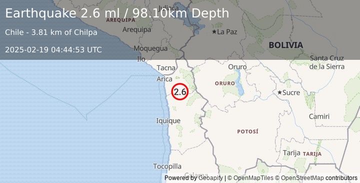 Earthquake TARAPACA, CHILE (2.6 ml) (2025-02-19 04:44:53 UTC)