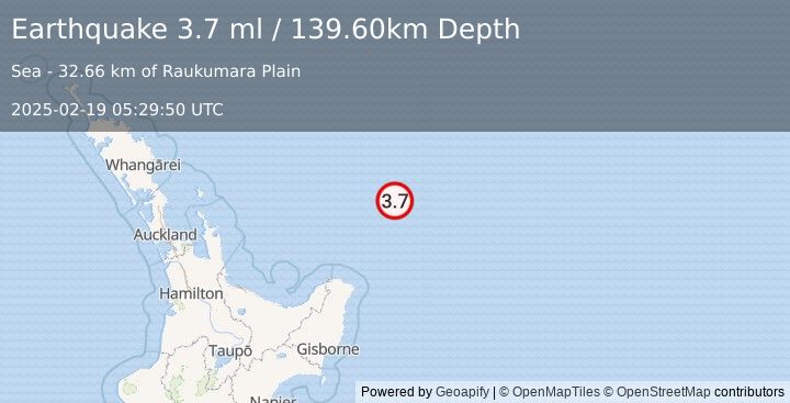 Earthquake OFF E. COAST OF N. ISLAND, N.Z. (3.7 ml) (2025-02-19 05:29:50 UTC)