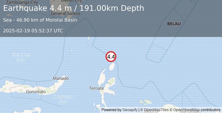 Earthquake NORTH OF HALMAHERA, INDONESIA (4.4 m) (2025-02-19 05:52:37 UTC)