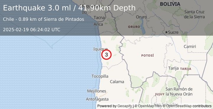 Earthquake TARAPACA, CHILE (3.0 ml) (2025-02-19 06:24:02 UTC)