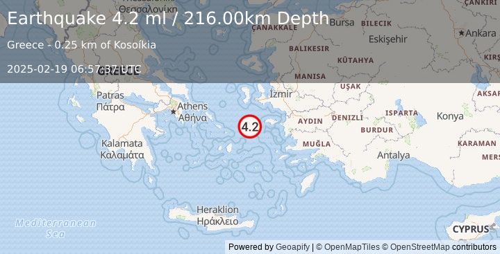 Earthquake DODECANESE ISLANDS, GREECE (4.2 ml) (2025-02-19 06:57:37 UTC)